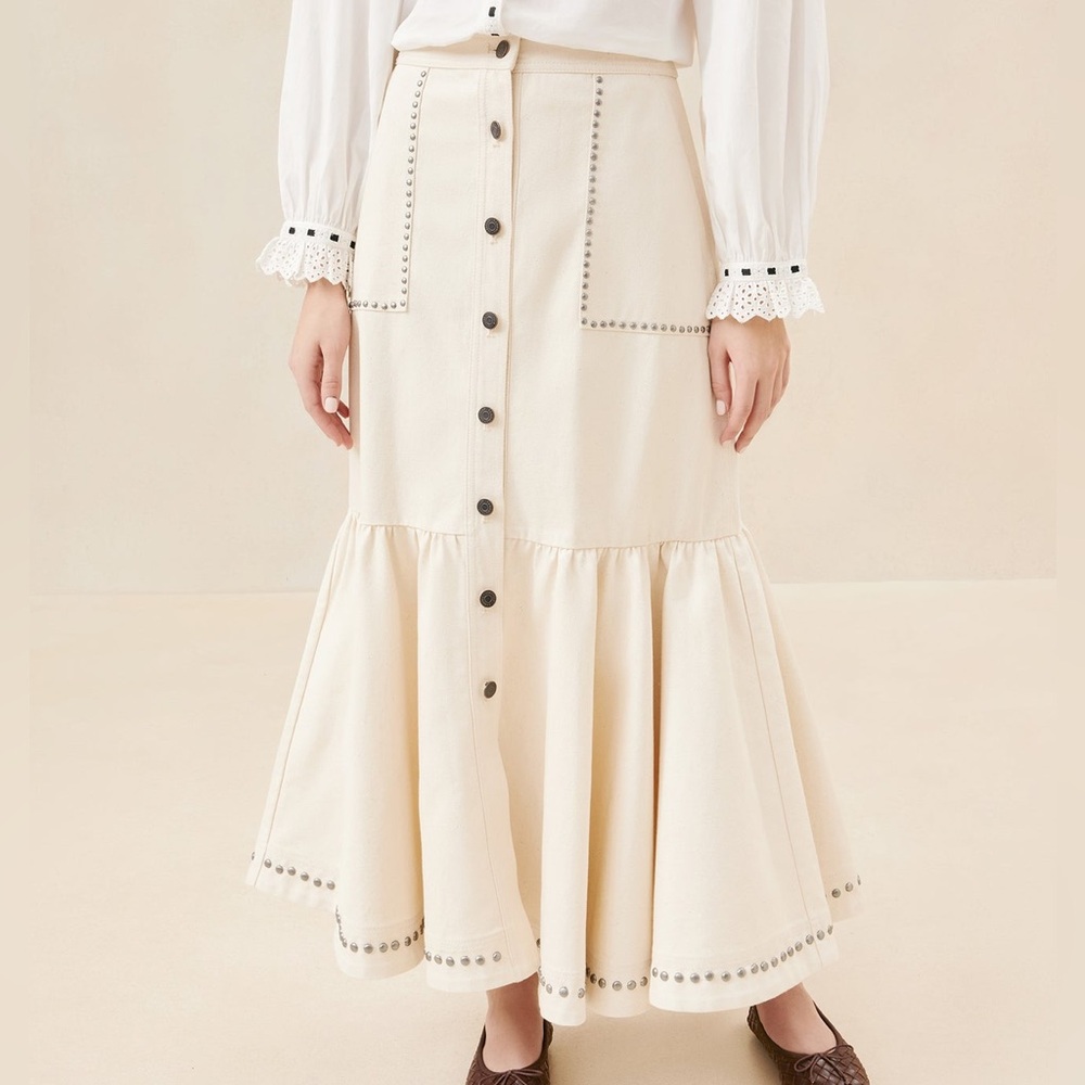 ISO Loeffler Randall Mateo Skirt in Cream Denim
